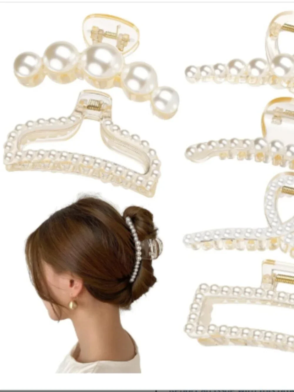 Pearl Hair Claw Clips, Large Barrettes for Thin, Thick, Curly or Long Hair, Whit